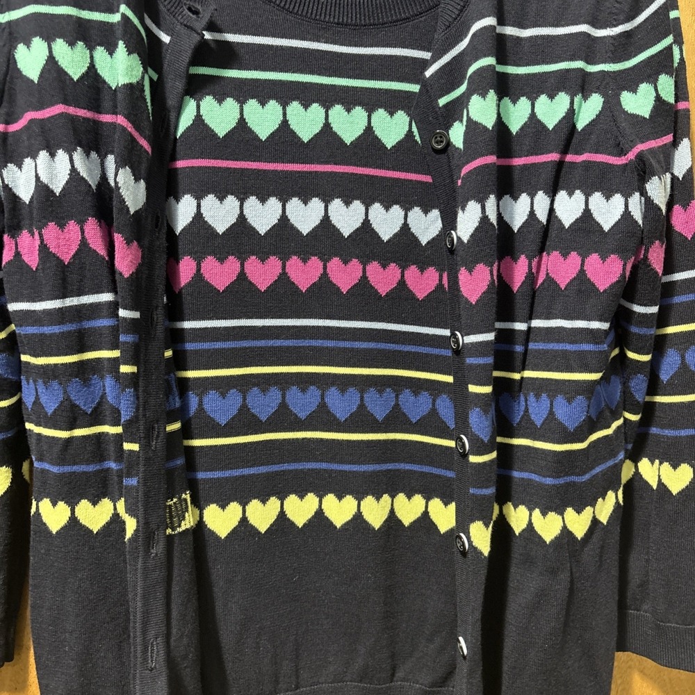 Talbots Women's Navy Blue Hearts & Stripes Print Cardigan Sweater Size S Rainbow - Picture 3 of 12